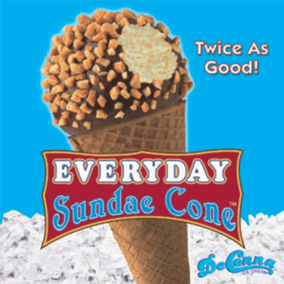 A cone of ice cream with the words " twice as good !" on it.